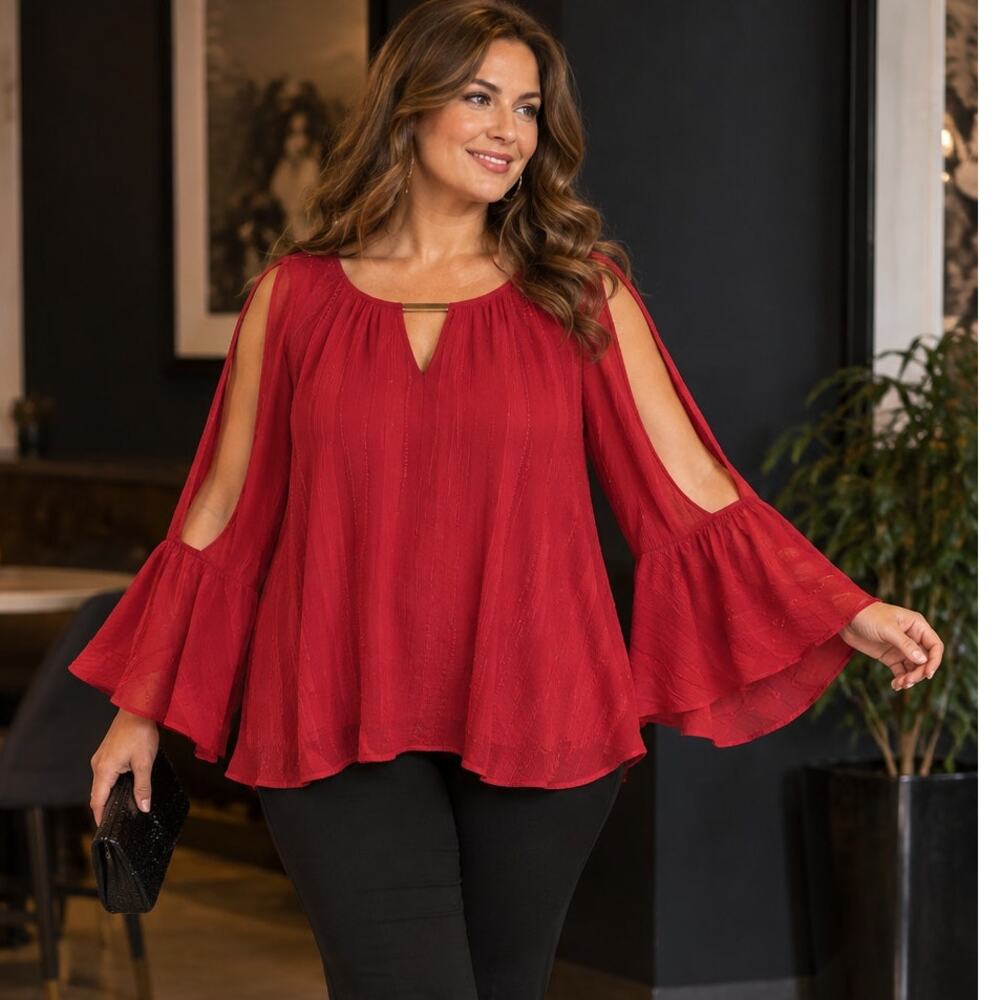 A Byer Red Textured Blouse Large Split Bell Sleeve Gold Bar Dramatic Keyhole Top